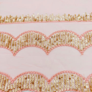 Salmon Pink Net Scallop Lace Trim with Gold Sequins, Sari Border, Embroidered Trim